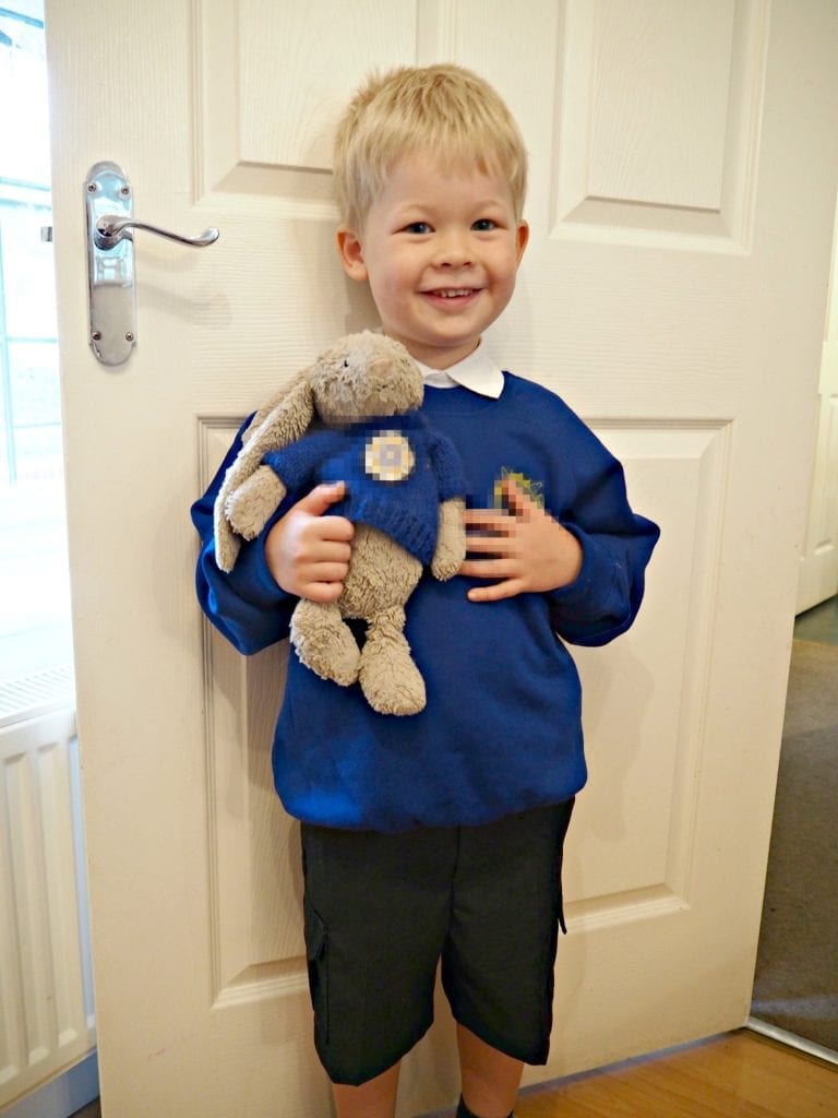 Logan first day of school with teddy