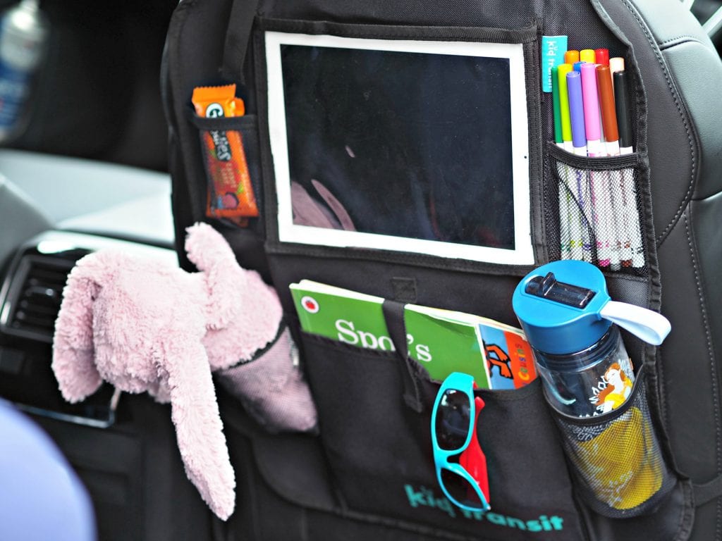 Kid Transit Car Organiser with iPad Holder - with items close up