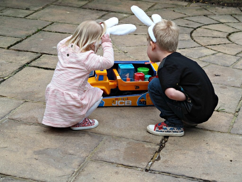 My 1st JCB Stacking Stanley Mega Truck - Aria and Logan looking at it with bunny ears