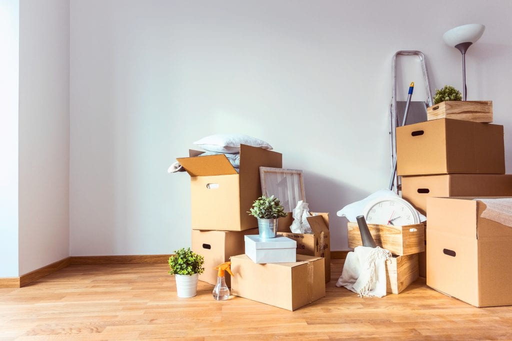 Packing Tips for Moving House - Empty room full of cardboard boxes and cleaning things for moving into a new home