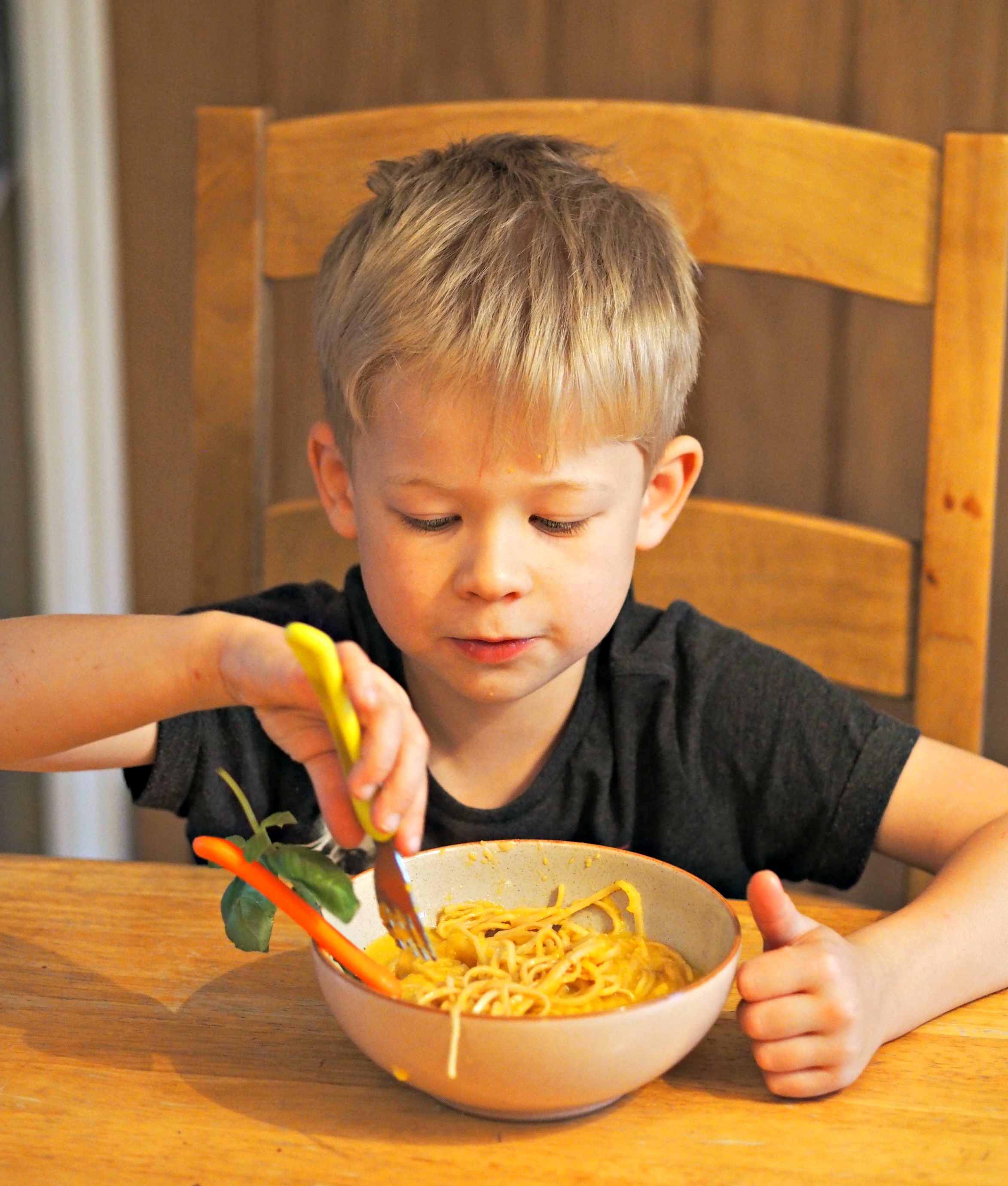 Healthy Halloween Making Pumpkin Coconut Soup with Aldi - Logan eating