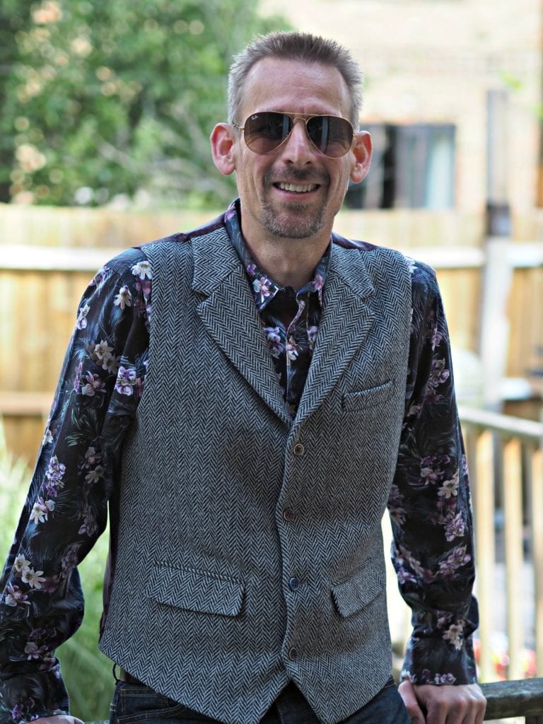 My summer style 2019 - Ben in waistcoat and bold shirt wearing aviator Ray-bans