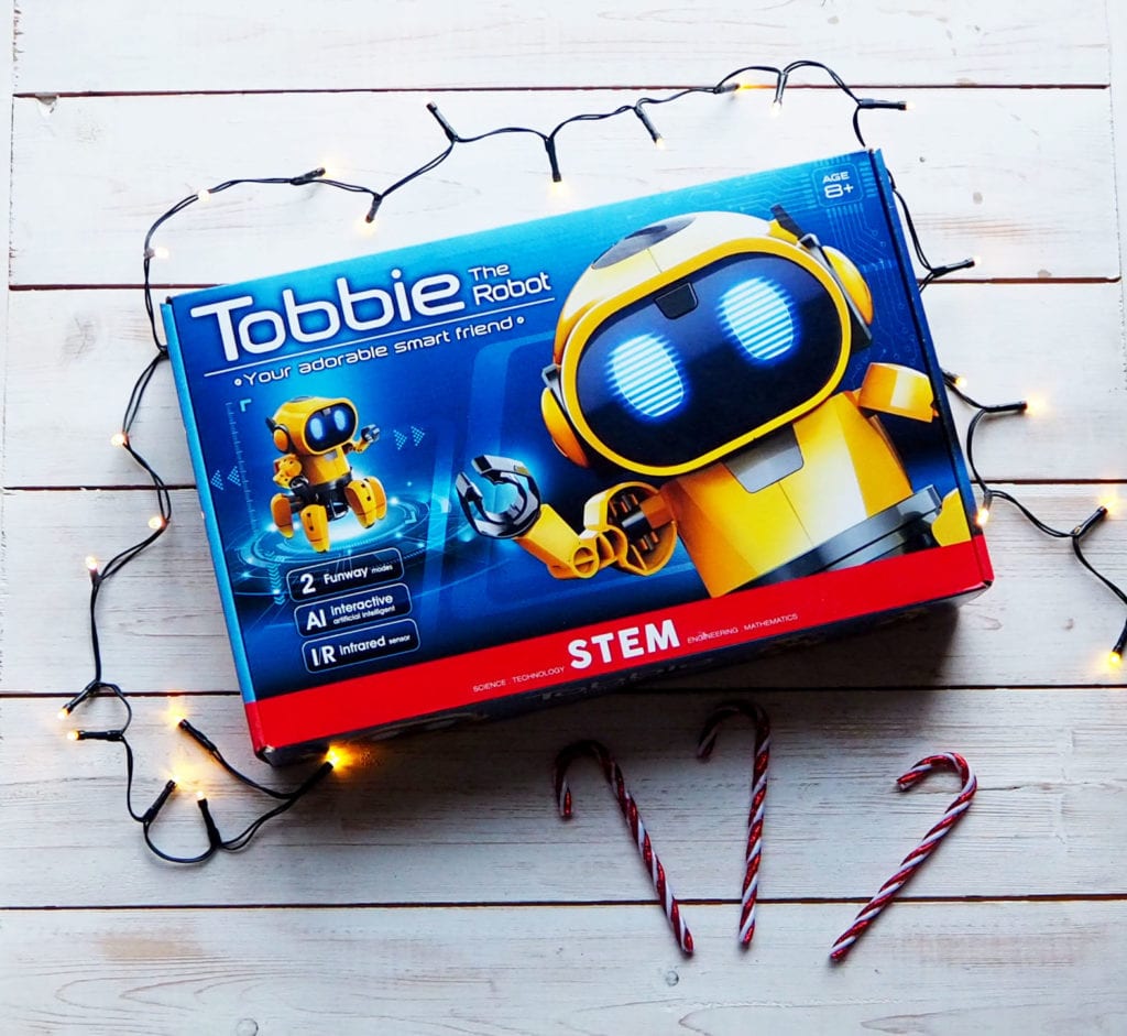 Tobbie Robot box with Christmas lights and candy canes