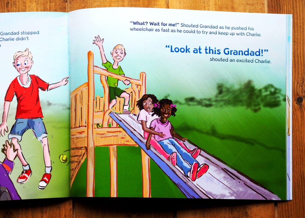 Illustrations in Grandad Wheels on children playing on a slide