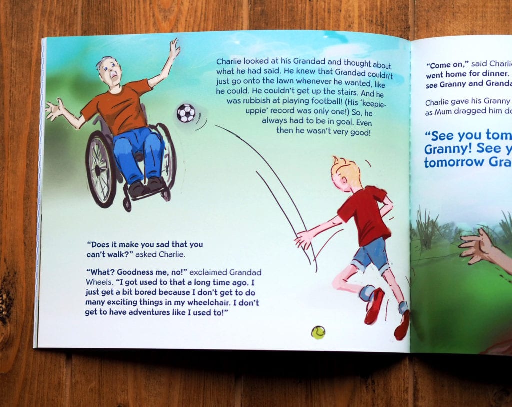 Inside pictures of Grandad wheels of Grandad in a wheelchair and a little boy playing football