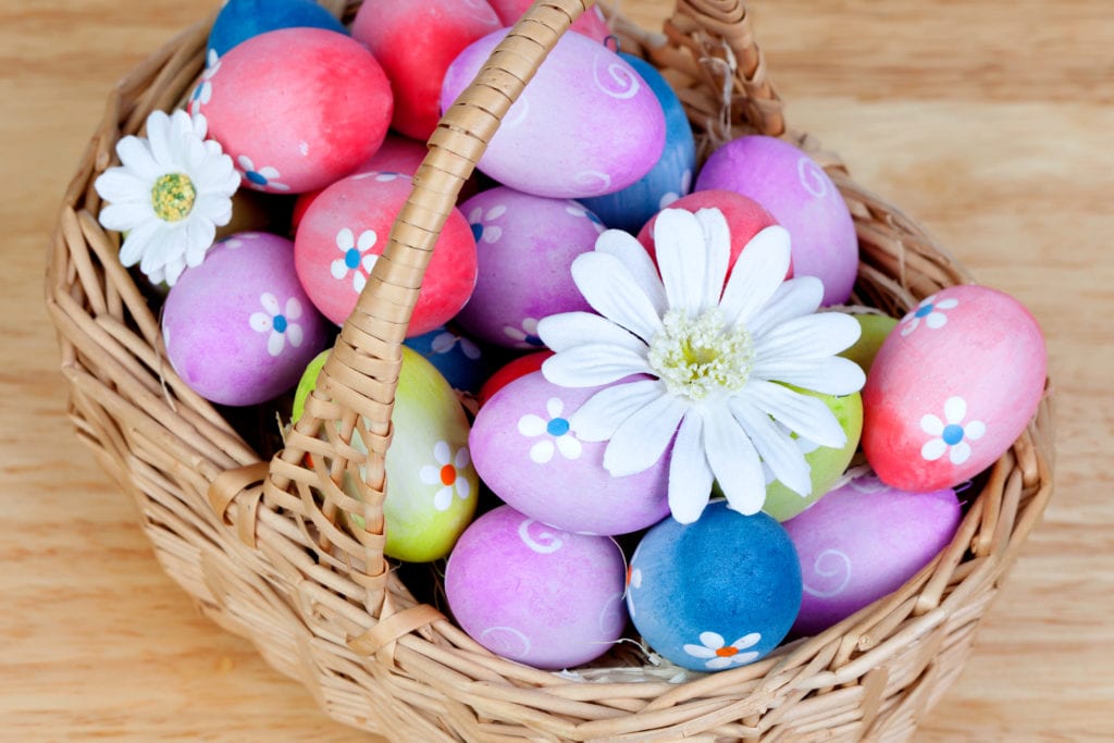 Alternative Gifts for Children for Easter that are Not Chocolate - Easter eggs decorated with daisies tucked in a basket