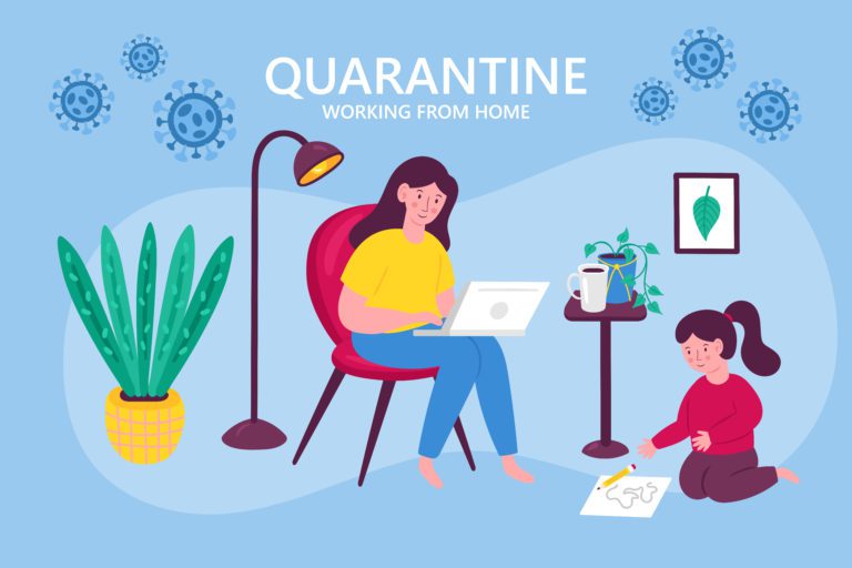 The Coronavirus Diaries - 28th April 2020. Coronavirus quarantine concept. Working from home. Woman with child sitting on chair and working on laptop. Flat cartoon vector illustration