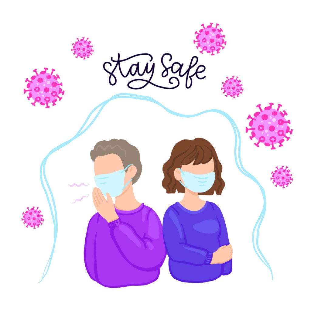 Coronavirus Diary 21st April - COVID-19 Wuhan Novel coronavirus 2019-nCoV, woman and man in shirt with blue medical face mask. Concept of coronavirus quarantine, stay safe inscription.