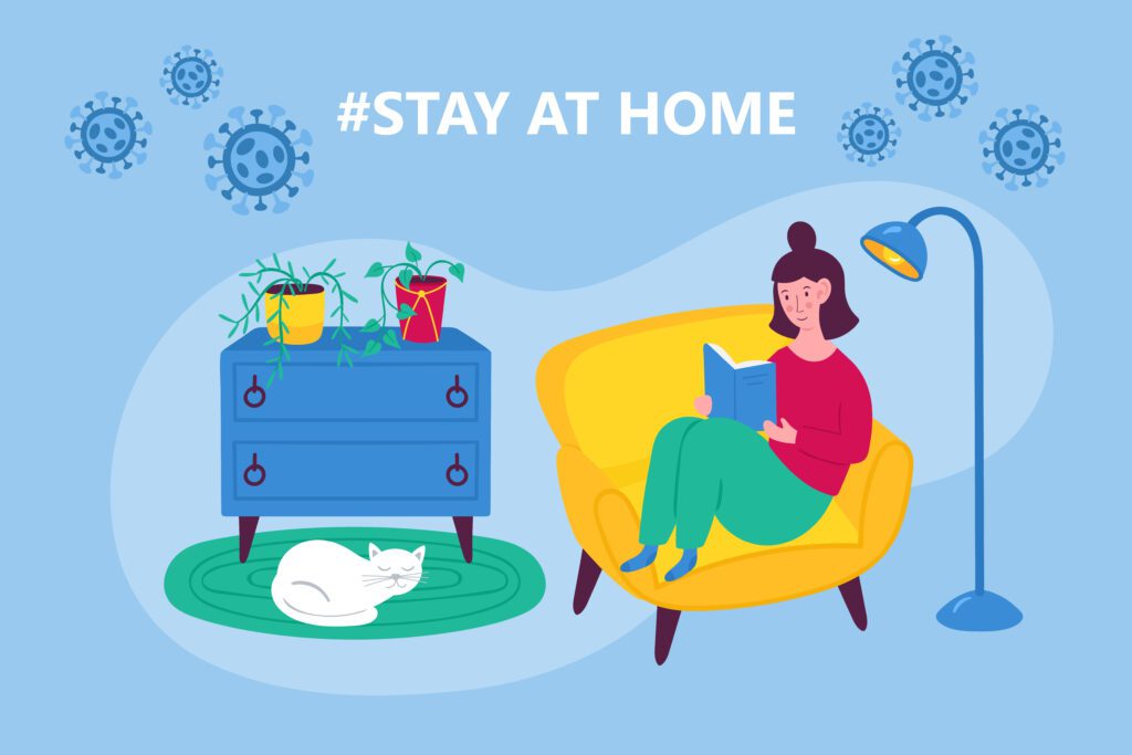 The Coronavirus Diaries - 23rd February 2020 - Coronavirus COVID-19 outbreak concept. Stay at home concept with woman sitting in armchair and reading book. Flat cartoon vector illustration