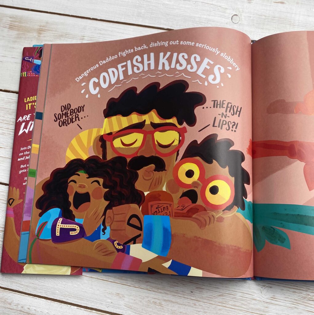 CHILDREN'S BOOK REVIEW: Friday Night Wrestlefest by J.F. Fox - illustrations of Dad giving the children a squish and kiss